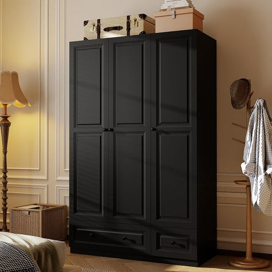 Armoire Wardrobe Closet with Drawers: 74" Black Tall Wardrobe Cabinet with Hanging Rod, Wooden Closet with 3 Doors and 2 Drawers, Modern Bedroom Armoires