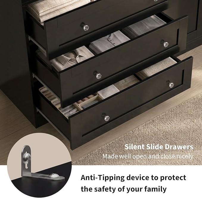 Garvee 71" Storage Cabinet Closet with 3 Drawers, Large Modern Storage Cabinet, 4 Door Wooden Bedroom Cabinet with Shelves, Black