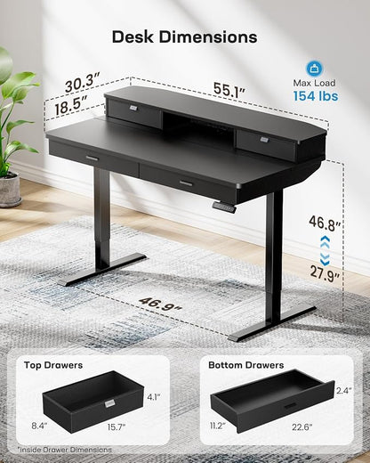 HUANUO 55 x 30 inch Electric Standing Desk with 2 Wood Drawers, Adjustable Height Sit Stand Desk for Home Office, Ergonomic Stand up Desk with 4 Memory Presets, 176 lbs Capacity, Black Top
