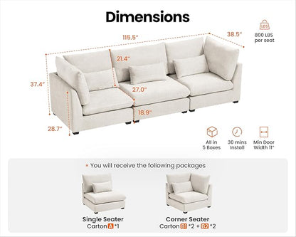 115" Oversized Chenille Couch Modular Sectional Sofa, Washable Cloud Couch Sectional, 3 Seater Sectional Couches for Living Room, Fully Cover Removable, Basic 3 Seater, Chenille, White