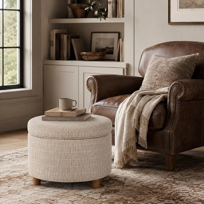 HomePop 24" Large Round Storage Ottoman - Tan Geometric Pattern