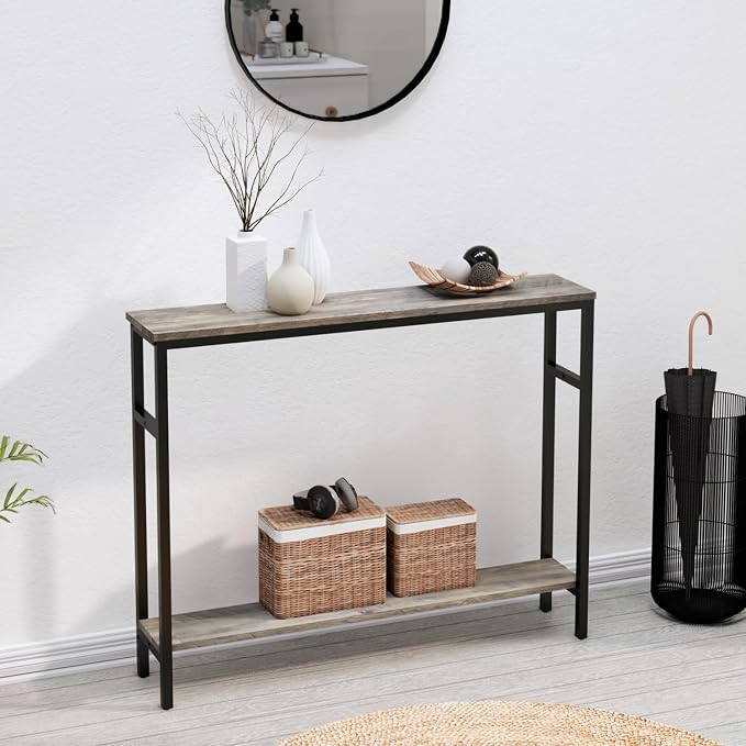 Timberer Narrow Console Table, 39.4” Sofa Table with Adjustable Shelf, 2-Tier Long Skinny Table for Hallway, Entryway, Living Room, Foyer, Grey