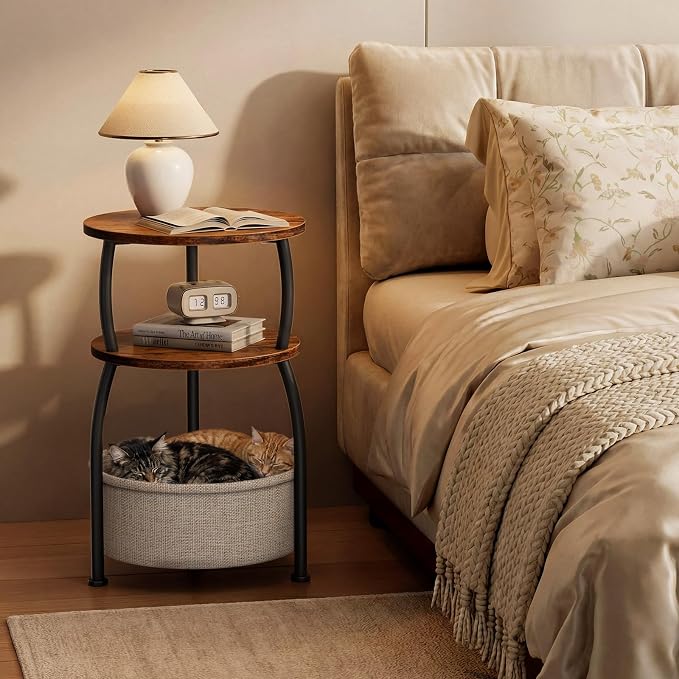 Round Side Table with Storage Basket for Living Room Rustic Brown | Small Table for Small Space 3-Tier Side Table for Bedroom, Garden, Sofa Couch Table Bedside Nightstand, Rustic Brown