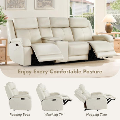 Watson & Whitely Genuine Leather Power Recliner Sofa, 3 Seater Wall Hugger Reclining Sofas with Storage Console, Power Headrest, USB, Electric Recliner Couch Set for Living Room, Cream