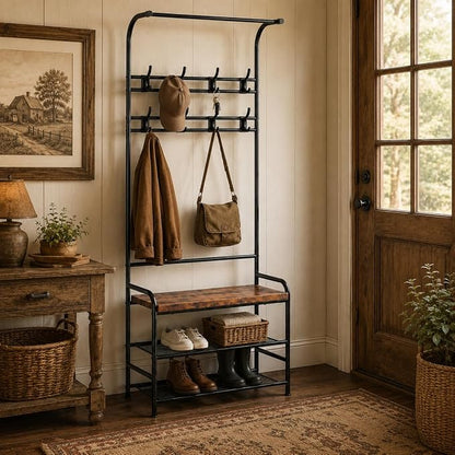 OUTLANE Hall Tree Shoe Bench for Entryway, Hall Tree with Bench and Shoe Storage, 4-in-1 Coat Rack Storage Bench with 8 Hooks, Freestanding Entryway Organizer for Hallway, Bedroom, Small Spaces, Brown