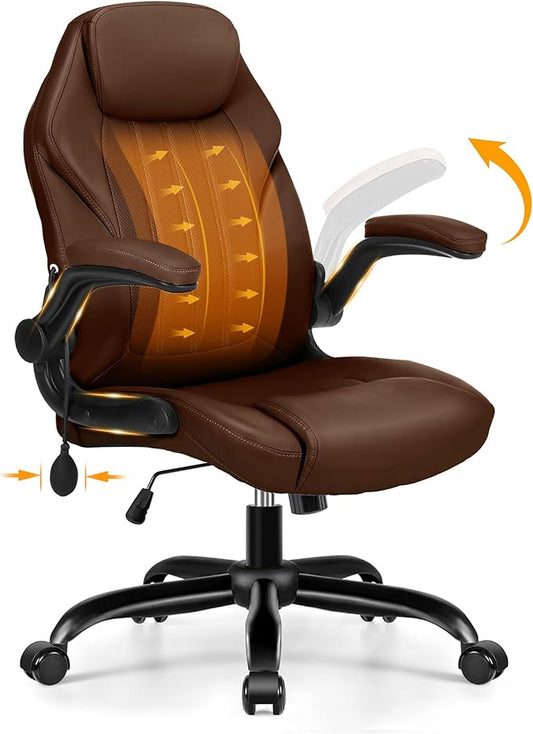 Ylzyxal Office Desk Chair, Ergonomic Computer Chair with Padded Flip-Up Arms and Adjustable Lumbar Support, PU Leather Executive Chair with Tilt Lock and 360° Swivel Rolling Wheels for Work, Study