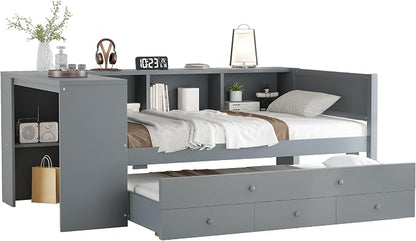 Bellemave Twin Size Corner Bed Frame with Storage Drawers and Desk,Captain Daybed with Bookcase,Corner Bed Frame Twin Size with Trundle for Kids,Teens,Guests,Gray