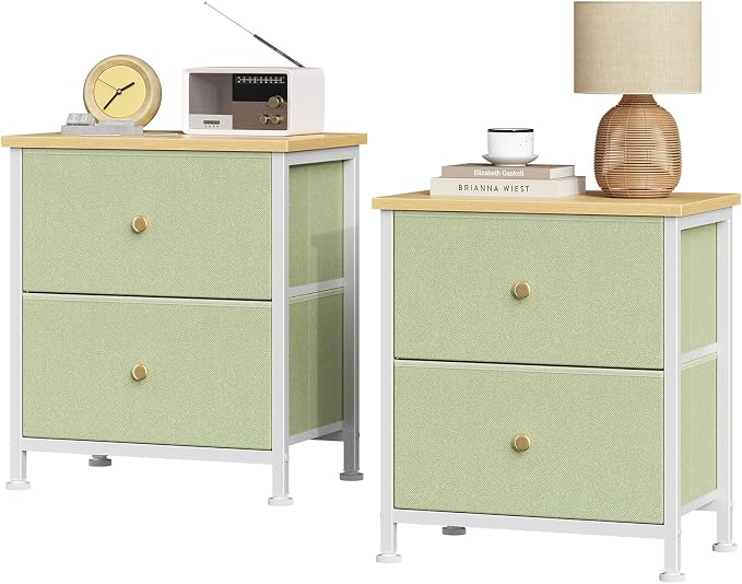 Sweetcrispy Nightstand Set of 2 with 2 Storage Drawers, Small Bedside Table | 20" Height Furniture End Table, Wooden Top Fabric Cabinet for Bedroom, Closet, Entryway, Light Green 2Pack