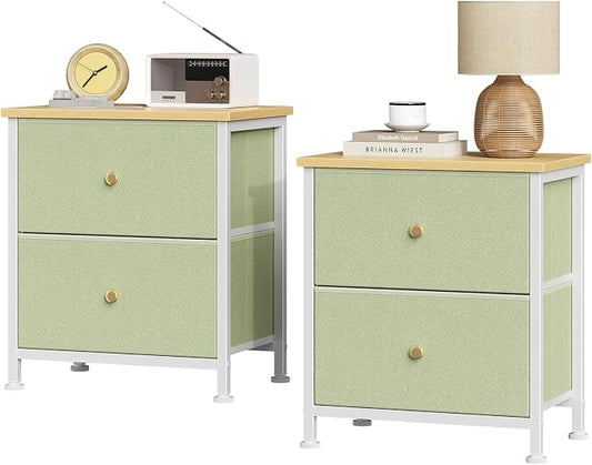 Sweetcrispy Nightstand Set of 2 with 2 Storage Drawers, Small Bedside Table | 20" Height Furniture End Table, Wooden Top Fabric Cabinet for Bedroom, Closet, Entryway, Light Green 2Pack