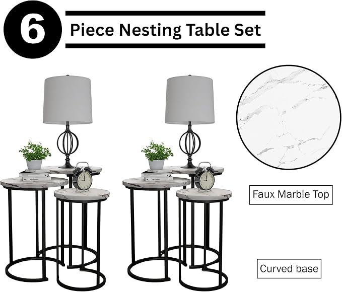 Lavish Home Nesting Tables - Set of 6 Space-Saving Round Side Tables with Faux Marble Tops – Modern Apartment Furniture Accent & End Table Set for Living Room, Bedroom, or Home Office (White)