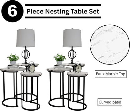 Lavish Home Nesting Tables - Set of 6 Space-Saving Round Side Tables with Faux Marble Tops – Modern Apartment Furniture Accent & End Table Set for Living Room, Bedroom, or Home Office (White)