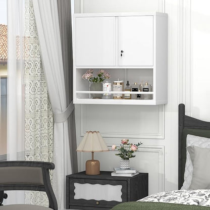 GREATMEET 31" H Locking Metal Garage Storage Cabinet with Doors and Shelves, Lockable Wall Cabinet Storage, White Steel Wall Mount Cabinet Hanging Floating for Office Utility Room