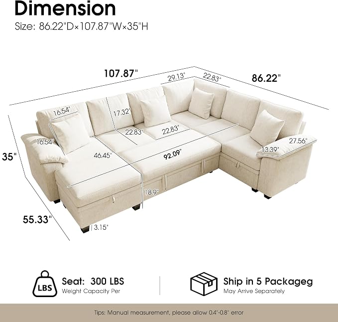 107.8" Modular Sectional Sleeper Sofa with Pull Out Bed, U Shaped 7 Seat Couch with 221L Storage, Convertible Cloud Couch Bed with Ottoman, Sectional Couches for Living Room, Apartment (Beige)