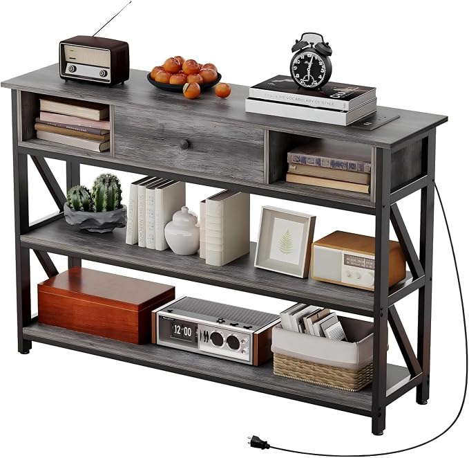 Mexin Console Table with Outlets and USB Ports, Entryway Table with Drawer Storage Shelves, Industrial Wood Hallway Sofa Table for Living Room, Couch, Foyer Table, 47 Inch Grey Oak