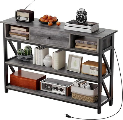 Mexin Console Table with Outlets and USB Ports, Entryway Table with Drawer Storage Shelves, Industrial Wood Hallway Sofa Table for Living Room, Couch, Foyer Table, 47 Inch Grey Oak