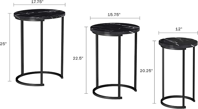 Lavish Home Nesting Tables - Set of 6 Modern Round Side Tables with Faux Marble Tops - Space Saving Accent Table Set for Living Room, Bedroom, or Home Office (Black)