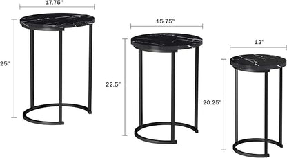 Lavish Home Nesting Tables - Set of 6 Modern Round Side Tables with Faux Marble Tops - Space Saving Accent Table Set for Living Room, Bedroom, or Home Office (Black)