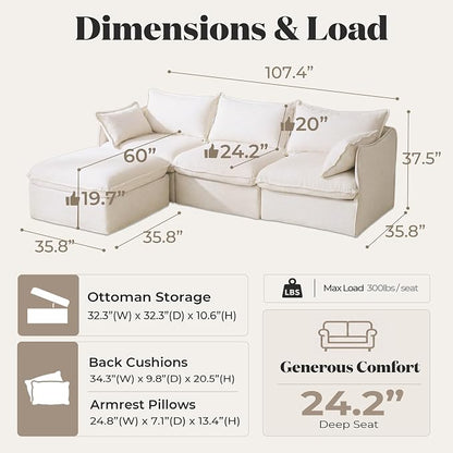 Cloud Modular Sectional Sofa, Oversized Deep Seat Comfort, Linen Blend | Fully Removable Washable Covers, Memory Foam Seat Cushions, Storage Ottoman, Premium Fabric