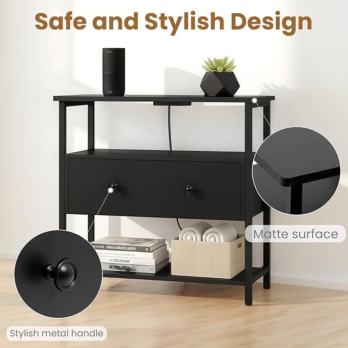 Edbuosy 27 Inch Wide Night Stand with Charging Station, Wood Nightstand with Open Shelf, Large Drawer Bedside Table for Living Room/Bedroom/Office, Black