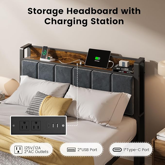 ALBERTO Full Size LED Bed Frame with Built-in Charging Station, Metal Platform with Slats, Soft Grey Upholstered Headboard, No Box Spring Required