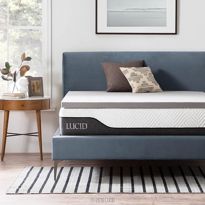 Lucid 2 Inch Bamboo Charcoal Infused Memory Foam Mattress Topper - Full Size – Moisture and Odor Control - Ventilated - Plush Feel, Pressure-Relieving Bed Topper – CertiPur Certified