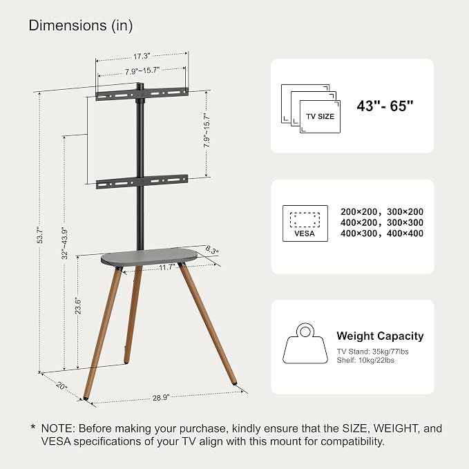 Tripod Easel TV Stand for 43–65 Inch TVs, Height Adjustable Swivel Floor Stand with Wood Shelf and Cable Management, VESA 400x400, Minimalist Black Walnut