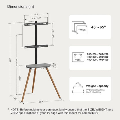 Tripod Easel TV Stand for 43–65 Inch TVs, Height Adjustable Swivel Floor Stand with Wood Shelf and Cable Management, VESA 400x400, Minimalist Black Walnut