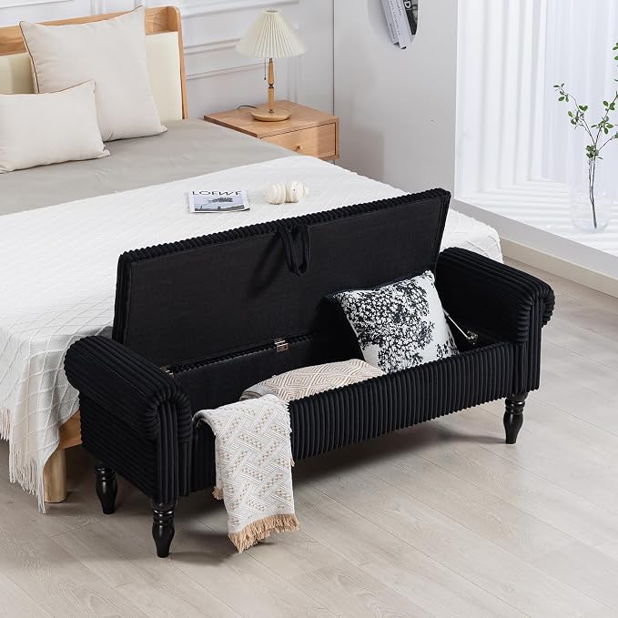 Storage Bench for Bedroom, 60" End of Bed Bench Premium Linen Upholstered Storage Ottoman, Entryway, Closet, Black