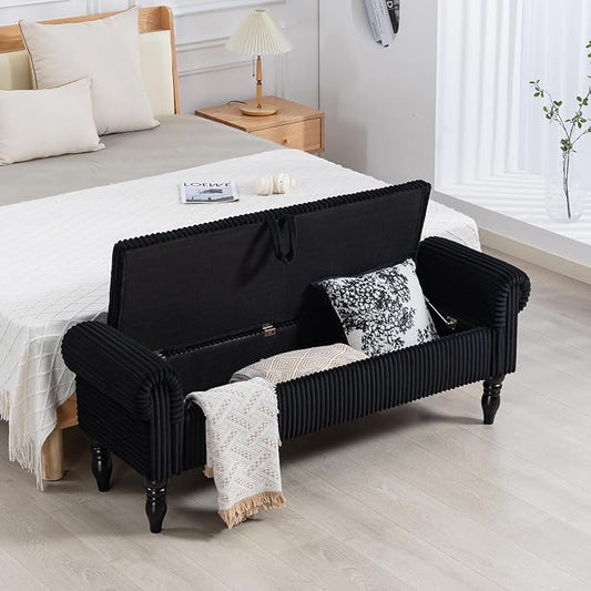Storage Bench for Bedroom, 60" End of Bed Bench Premium Linen Upholstered Storage Ottoman, Entryway, Closet, Black