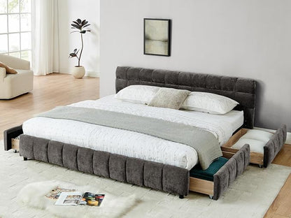 KEIKI King Thick Chenille Bed Frame with 4 Storage Drawer & Upholstered Tufted Headboard, Modern Solid Wood Floor Platform for Bedroom, No Box Spring Needed