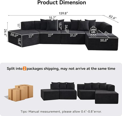 140''Oversized Cloud Velvet Curved Sectional Couch, Boneless Couch with L-Shape Chaise, Upholstered Compression Memory Foam Modular Sectional Sofa for Living Room, No Assembly Required, Black