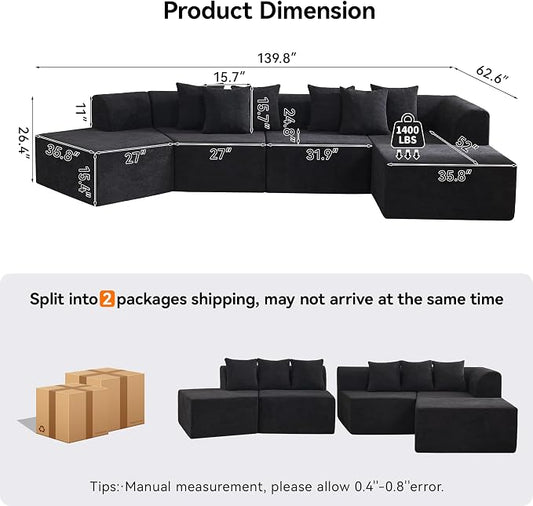140''Oversized Cloud Velvet Curved Sectional Couch, Boneless Couch with L-Shape Chaise, Upholstered Compression Memory Foam Modular Sectional Sofa for Living Room, No Assembly Required, Black