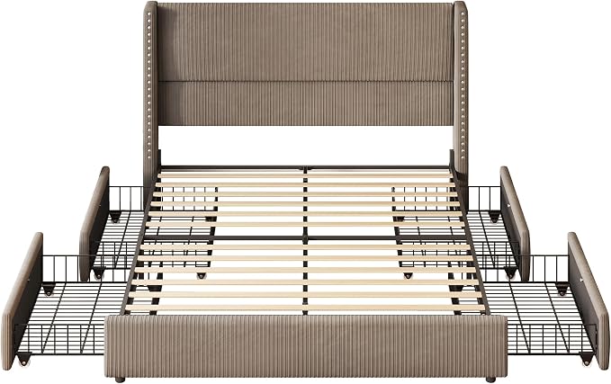 LARMACE King Size Bed Frame with 4 Storage Drawers,Corduroy Upholstered King Size Platform Bed Frame with Tufted Vertical Stripe,Solid Wood Leg/No Box Spring Needed/Noise Free,Brown