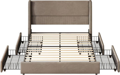 LARMACE King Size Bed Frame with 4 Storage Drawers,Corduroy Upholstered King Size Platform Bed Frame with Tufted Vertical Stripe,Solid Wood Leg/No Box Spring Needed/Noise Free,Brown