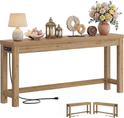 Cyclysio 63" Console Table with Charging Station, 13.8" Deep Farmhouse Sofa Table Behind Couch with 2 AC Outlets & 3 USB Ports, Long Entryway TV Console or Home Office Desk, Natural Oak