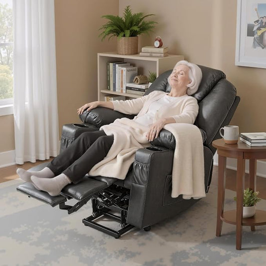 MCombo Power Lift Recliner Chair for Elderly, Lift Chair with Heat and Massage, FSC Certified, USB Ports, Cup Holders, Faux Leather 7141 (Grey, Small)