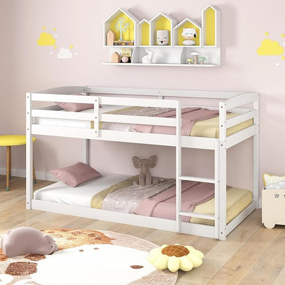 MAT EXPERT Bunk Bed Twin Over Twin, Low Wood Bunk Bed Frame w/Safety Guardrails, Ladder & Slats, Floor Platform Twin Bunk Beds for Kids Toddlers Teens, for Dorm Bedroom, No Box Spring Needed (White)
