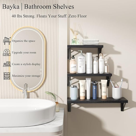 BAYKA Wall Mounted Floating Bathroom Shelves, Wood Floating Wall Shelf for Bathroom Essentials & Decor, Small Space-Saving Display & Organizer（Black，Set of 3）