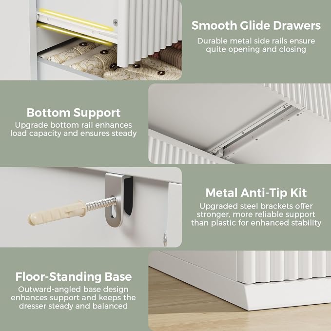 Jocoevol Fluted 6 Drawer Dresser for Bedroom, Modern Wood Chest of Drawers, Tall Storage Dresser with Deep Drawers, Handleless Floor-Standing Dresser for Bedroom, Living Room, Entryway, White