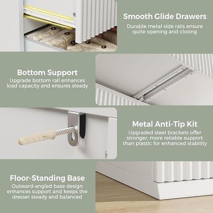 Jocoevol Fluted 6 Drawer Dresser for Bedroom, Modern Wood Chest of Drawers, Tall Storage Dresser with Deep Drawers, Handleless Floor-Standing Dresser for Bedroom, Living Room, Entryway, White