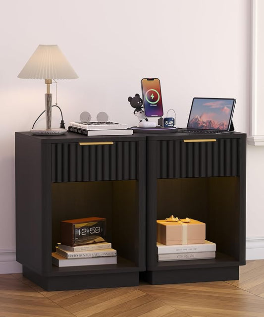 Akxomel Fluted Nightstands Set of 2, Wooden Night Stand with Charging Station and LED Light, Modern Mid Century End Table with Drawer, 15" D x 15.7" W x 22.6" H, for Bedroom, Black