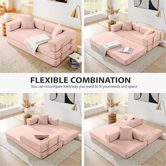 4-in-1 Folding Convertible Sofa Bed, 78 Inch Boneless Couch with Fixed-Shape Frame, Corduroy Loveseat Sleeper with Pull Out Bed, Floor Sofa Modular Futon Couch for Living Room Bedroom Lounge (Pink)