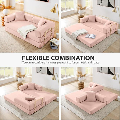 HANXIN Convertible Sleeper Sofa Bed, 78 Inch Folding Floor Mattress Couch with Fixed-Shape Frame, Futon Boneless Couch Lounge Loveseat with Pull Out Bed, No Assembly Required, Pink