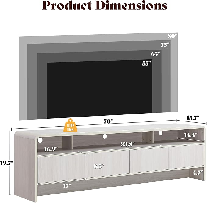 AMERLIFE 70" Modern TV Stand for TVs Up to 80", Wood TV Console with Curved Profile Design & 2 Storage Cabinets, Media Console Entertainment Center for Living Room, White
