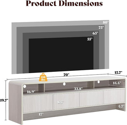 AMERLIFE 70" Modern TV Stand for TVs Up to 80", Wood TV Console with Curved Profile Design & 2 Storage Cabinets, Media Console Entertainment Center for Living Room, White