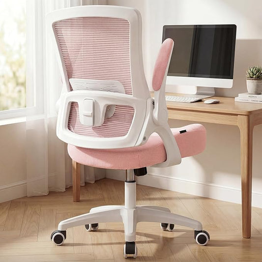 NEO Chair Office Desk Gaming Chair Computer High Back Mesh Seat with Rolling Wheels Ergonomic Adjustable Comfy Flip-up Armrests Lumbar Support Height for Home (Pink White Frame)