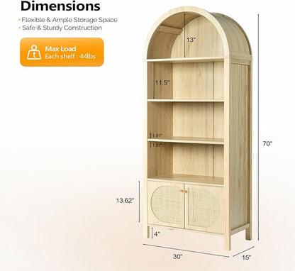 VINGLI 70" Arched Display Cabinet with 5 Shelves, Rattan Storage Cabinet 5 Tier Arched Bookshelf, Wood Tall Bookcases, Sturdy, Stylish for Living Room Bedroom Dining Room Office Study Room, Oak