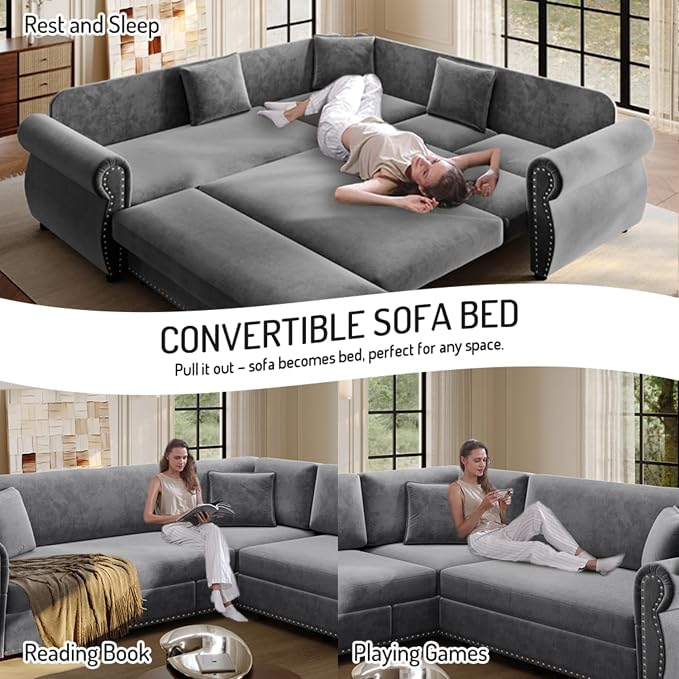 88.2" Sectional Sleeper Sofa with Pull Out Bed - Oversize L-Shaped Convertible Sleeper Couch Bed, Button Tufted Chesterfield Sofa, Chenille Vintage Couches for Living Room(4-Seater, Light Grey)