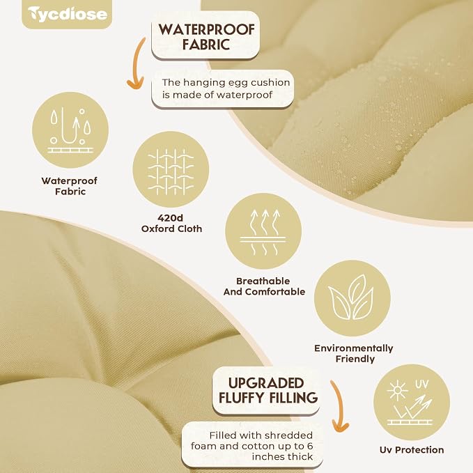 Outdoor Hanging Egg Chair Cushion Replacement, Thicken Egg Chair Cushion Waterproof Basket Eggs Chairs Cushion with Headrest Pillow, U-Shaped Cushions for Hanging Eggs Chairs Swing (Khaki)