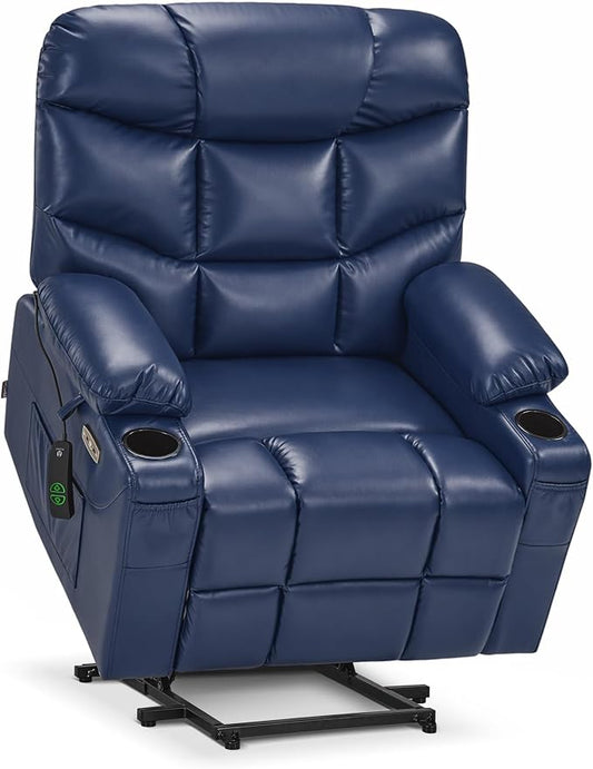 MCombo Oversized Power Lift Recliner Chair with Extended Footrest, Extra Wide for Big and Tall Elderly People, Faux Leather R7289 (Navy Blue, Medium-Wide)